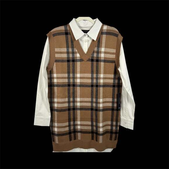 Tahari Dresses & Skirts - Tahari NWT Two-in-One Long Sleeve Plaid Sweater Vest Shift Dress Women Size M